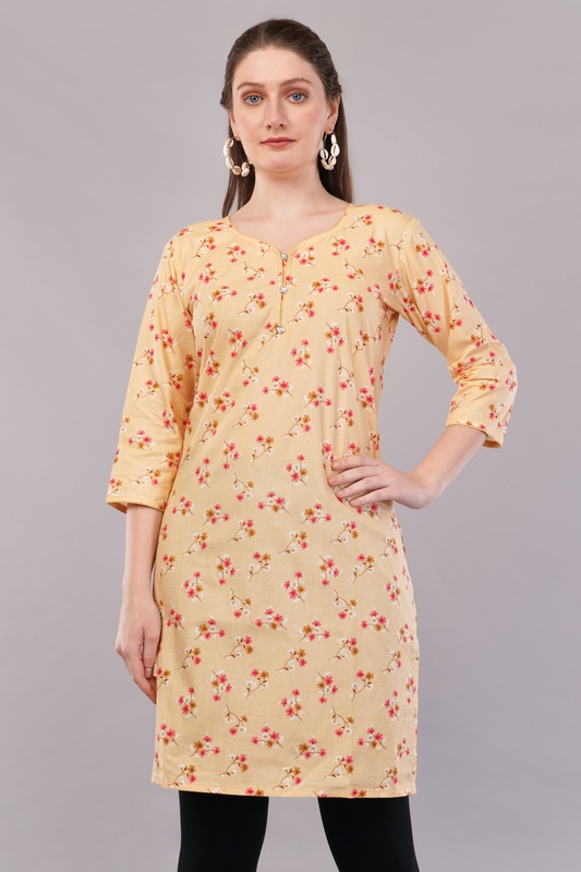 Women's Cotton Kurti, 3/4 Sleeve, Yellow Floral Print, Casual Wear Women's Cotton Kurti, 3/4 Sleeve, Yellow Floral Print, Casual Wear
