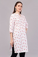 Women's Floral Print Cotton Kurti, 3/4 Sleeves, White with Pink Flowers