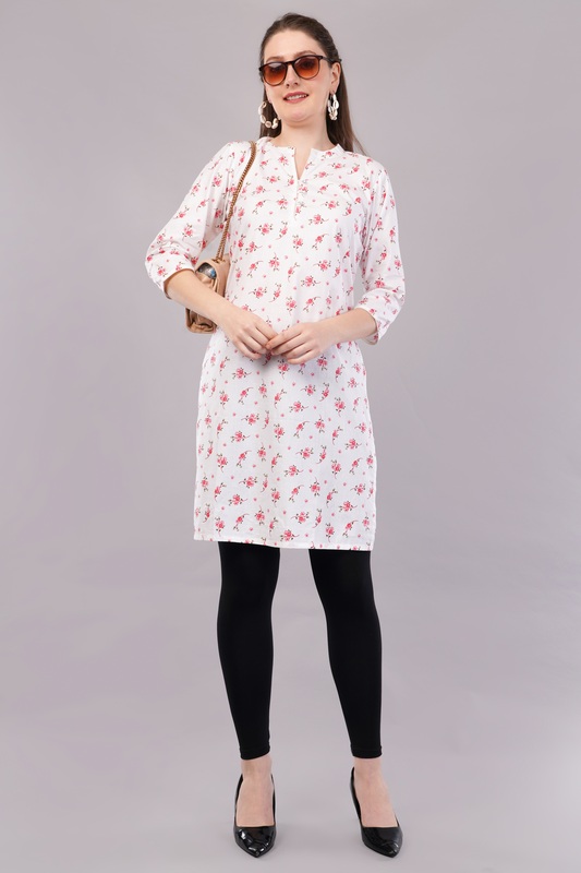 Women's Floral Print Cotton Kurti, 3/4 Sleeves, White with Pink Flowers