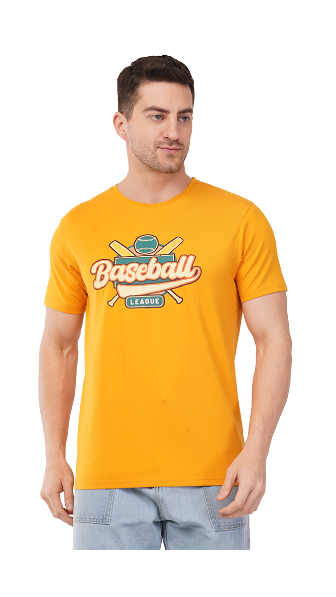 Men's Mustard Yellow Round Neck Slim Fit Printed T-Shirt – Lycra 180 GSM | S, M, L Men's Mustard Yellow Round Neck Slim Fit Printed T-Shirt – Lycra 180 GSM | S, M, L