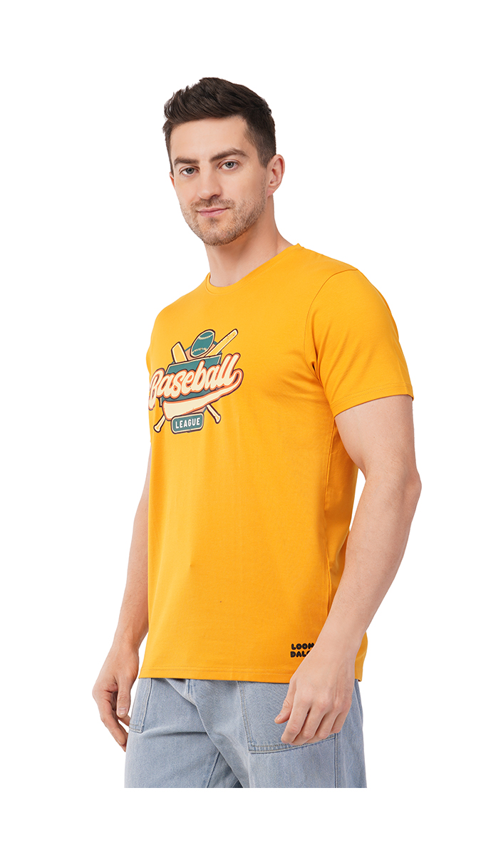 Men's Mustard Yellow Round Neck Slim Fit Printed T-Shirt – Lycra 180 GSM | S, M, L Men's Mustard Yellow Round Neck Slim Fit Printed T-Shirt – Lycra 180 GSM | S, M, L
