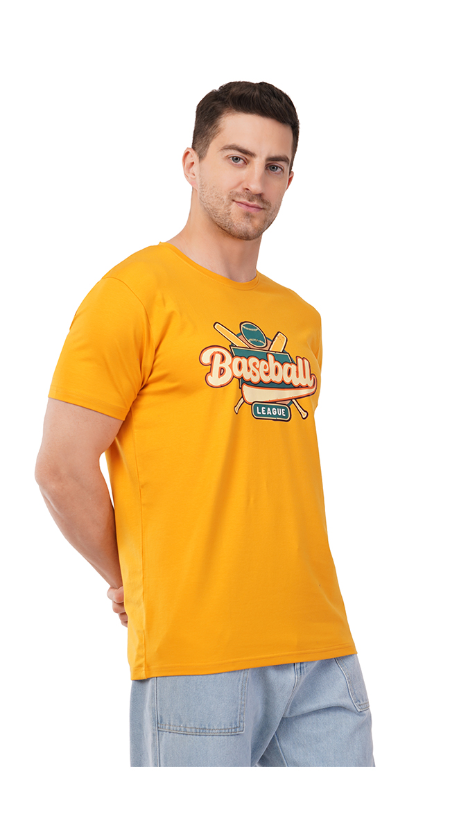Men's Mustard Yellow Round Neck Slim Fit Printed T-Shirt – Lycra 180 GSM | S, M, L Men's Mustard Yellow Round Neck Slim Fit Printed T-Shirt – Lycra 180 GSM | S, M, L