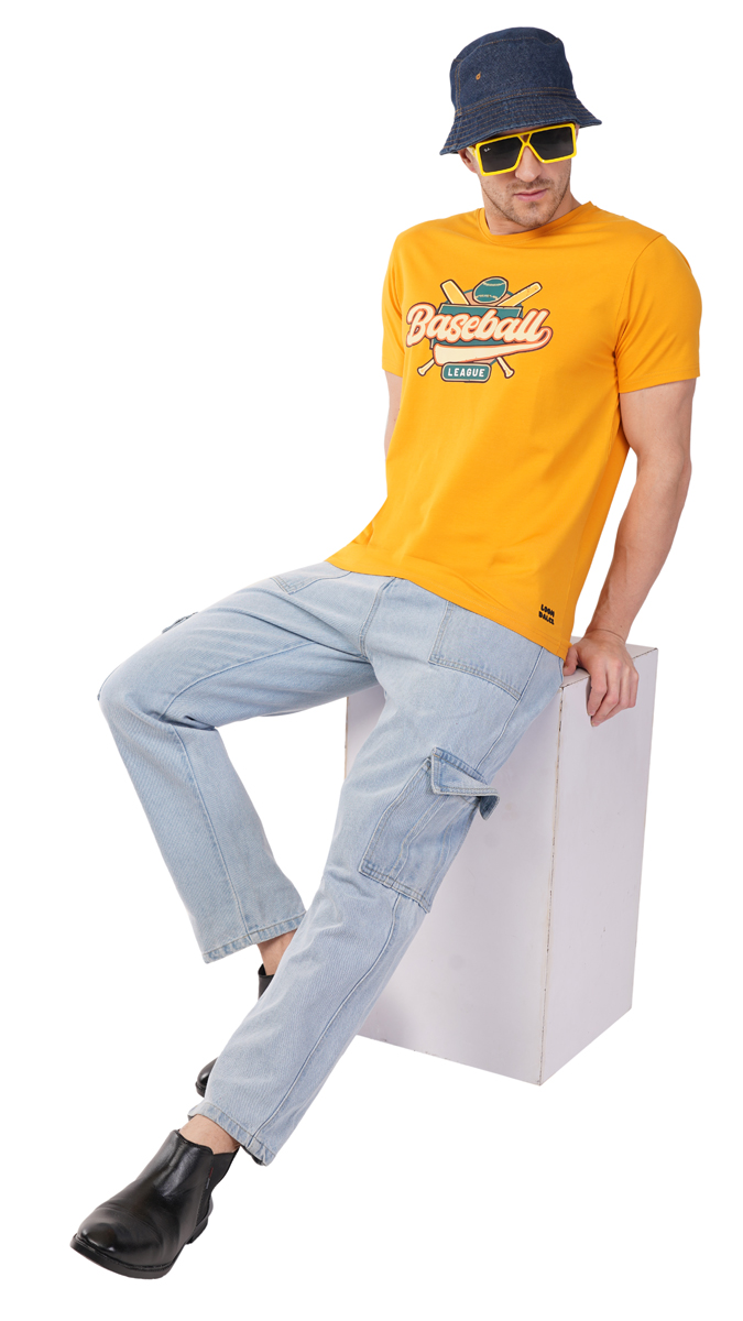 Men's Mustard Yellow Round Neck Slim Fit Printed T-Shirt – Lycra 180 GSM | S, M, L Men's Mustard Yellow Round Neck Slim Fit Printed T-Shirt – Lycra 180 GSM | S, M, L