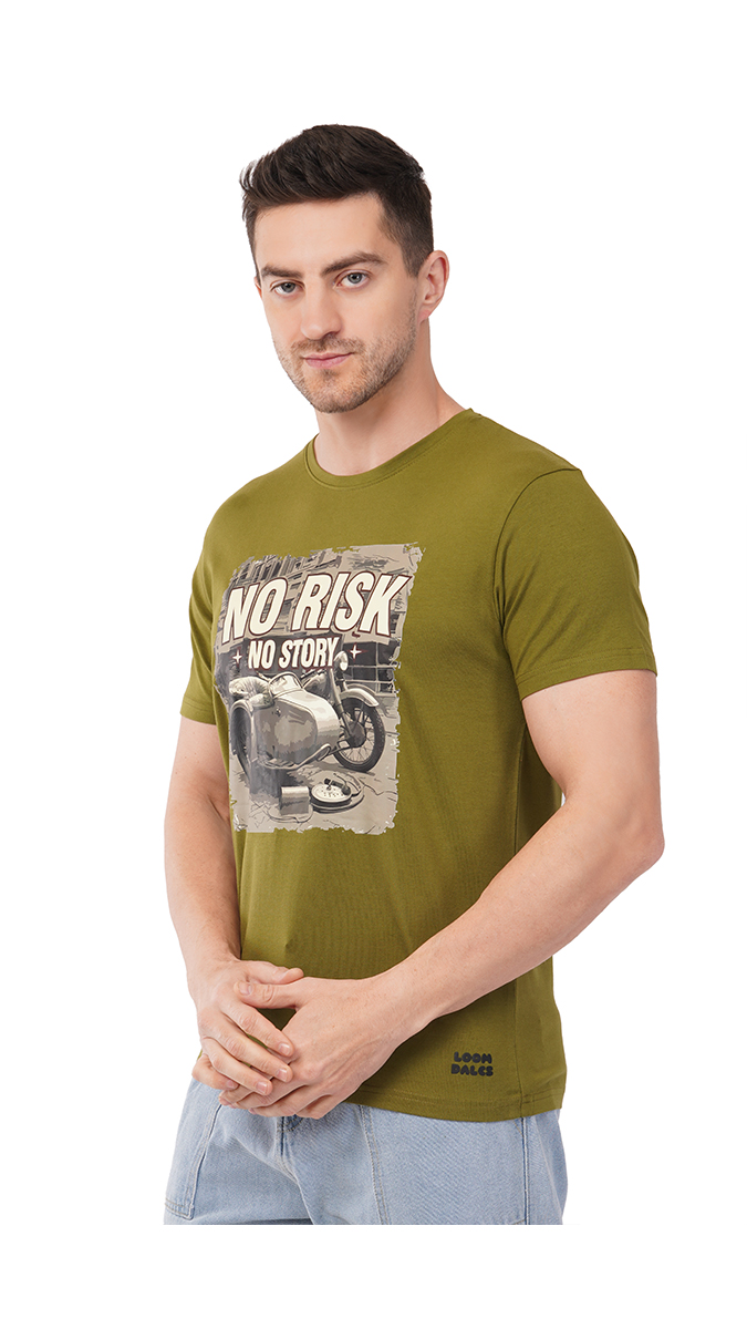 Men's Olive Green Round Neck Slim Fit Printed T-Shirt – Lycra 180 GSM | S, M, L Men's Olive Green Round Neck Slim Fit Printed T-Shirt – Lycra 180 GSM | S, M, L