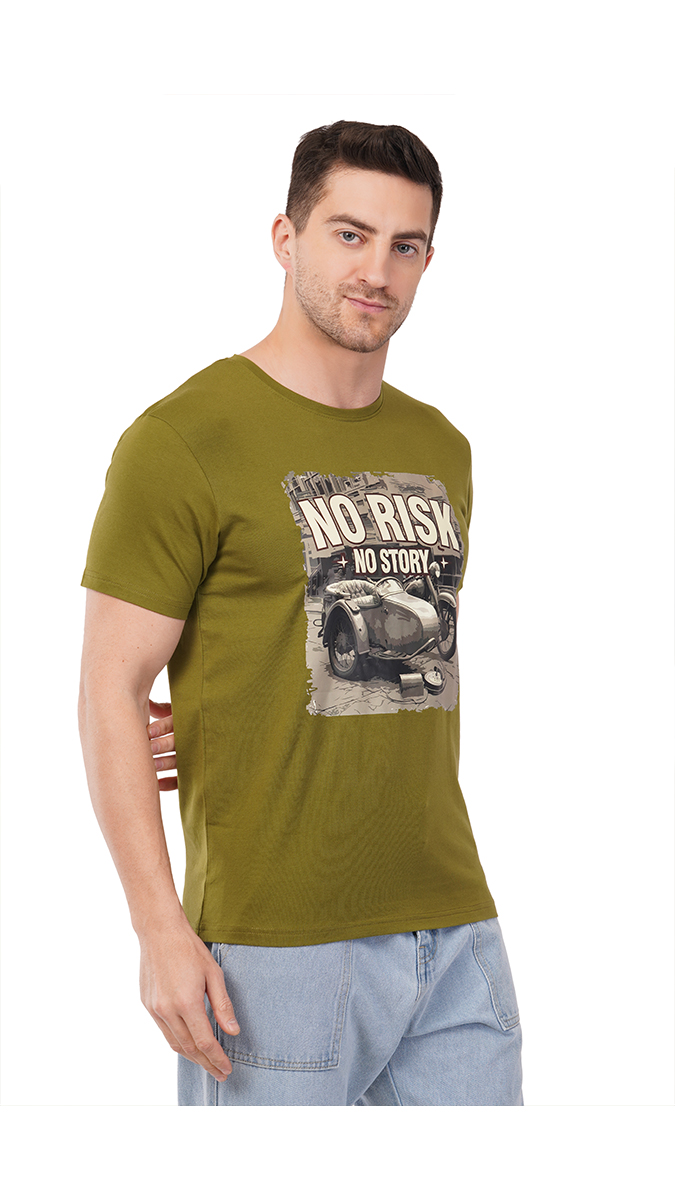 Men's Olive Green Round Neck Slim Fit Printed T-Shirt – Lycra 180 GSM | S, M, L Men's Olive Green Round Neck Slim Fit Printed T-Shirt – Lycra 180 GSM | S, M, L