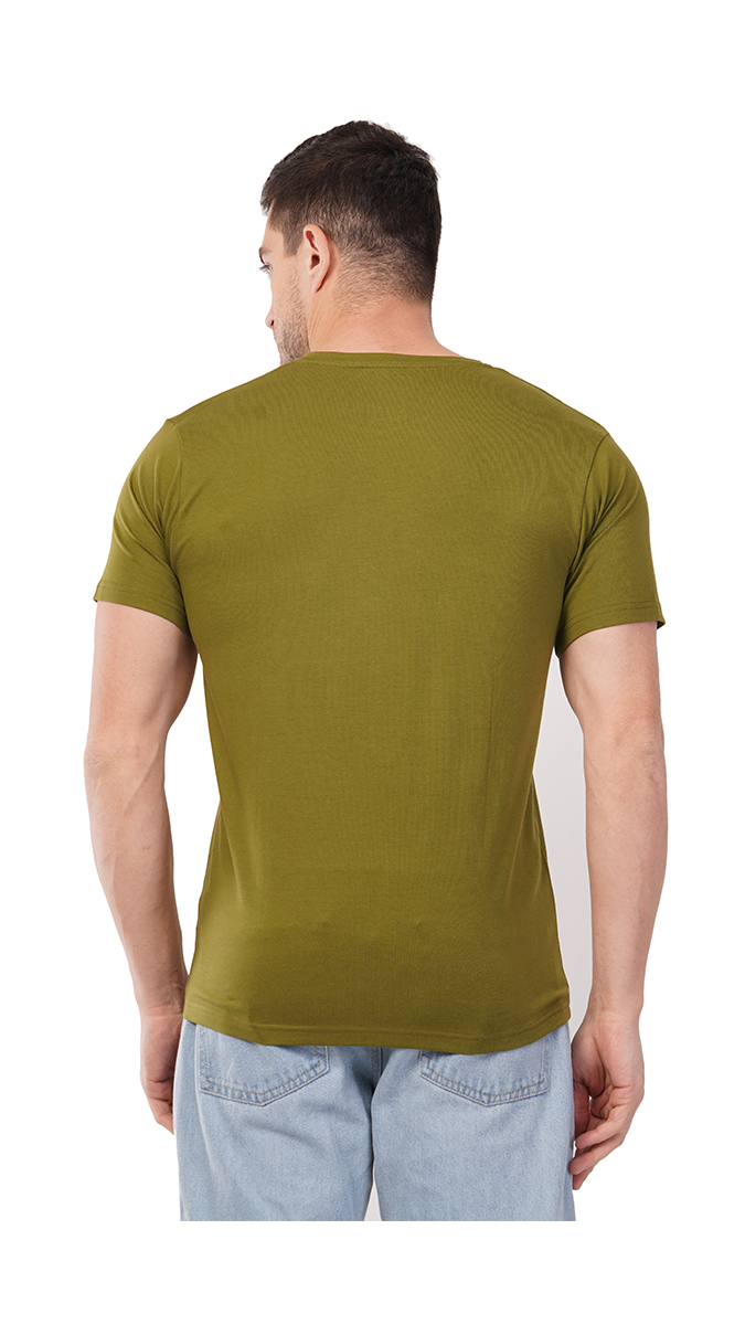 Men's Olive Green Round Neck Slim Fit Printed T-Shirt – Lycra 180 GSM | S, M, L Men's Olive Green Round Neck Slim Fit Printed T-Shirt – Lycra 180 GSM | S, M, L