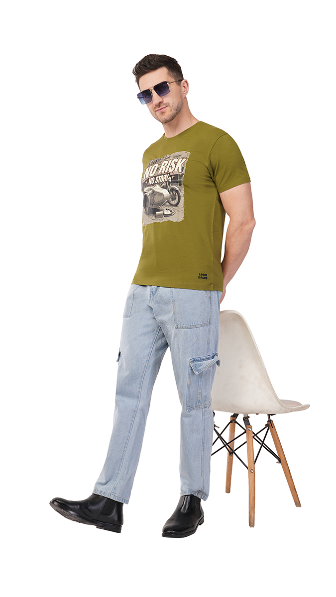 Men's Olive Green Round Neck Slim Fit Printed T-Shirt – Lycra 180 GSM | S, M, L Men's Olive Green Round Neck Slim Fit Printed T-Shirt – Lycra 180 GSM | S, M, L