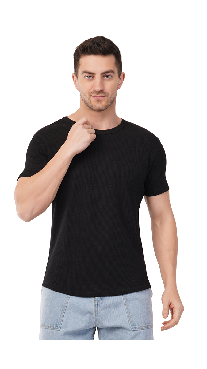 Men's Black Round Neck Waffle T-Shirt – 180 GSM | S, M, L | Soft & Stylish Men's Black Round Neck Waffle T-Shirt – 180 GSM | S, M, L | Soft & Stylish