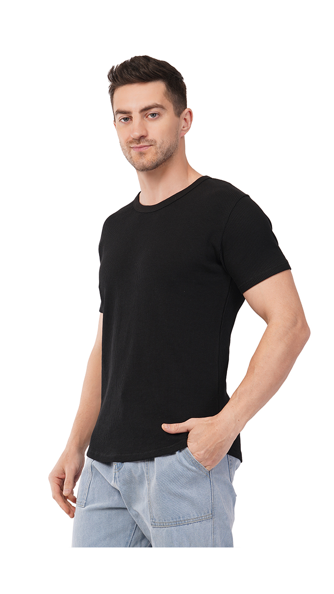 Men's Black Round Neck Waffle T-Shirt – 180 GSM | S, M, L | Soft & Stylish Men's Black Round Neck Waffle T-Shirt – 180 GSM | S, M, L | Soft & Stylish