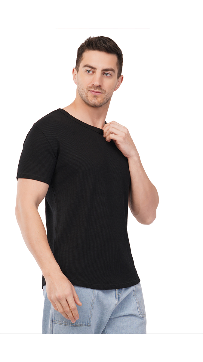 Men's Black Round Neck Waffle T-Shirt – 180 GSM | S, M, L | Soft & Stylish Men's Black Round Neck Waffle T-Shirt – 180 GSM | S, M, L | Soft & Stylish
