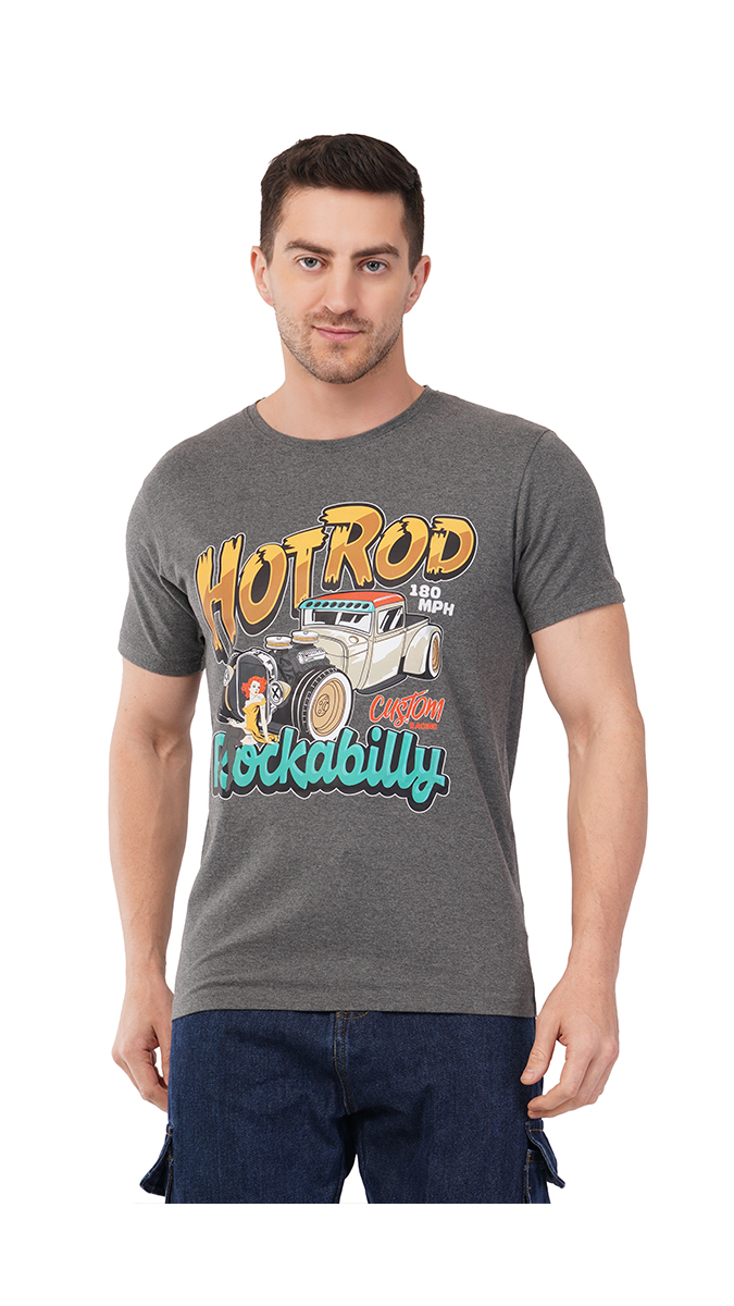 Men's Charcoal Grey Round Neck Slim Fit Printed T-Shirt – Lycra 180 GSM | S, M, L Men's Charcoal Grey Round Neck Slim Fit Printed T-Shirt – Lycra 180 GSM | S, M, L