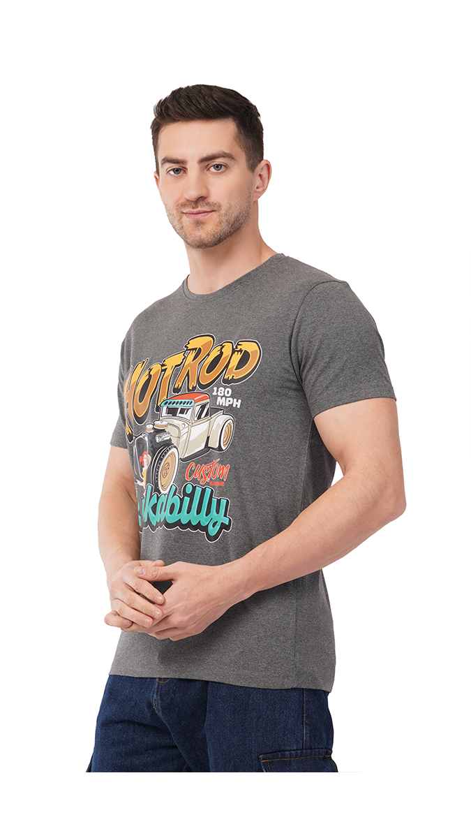 Men's Charcoal Grey Round Neck Slim Fit Printed T-Shirt – Lycra 180 GSM | S, M, L Men's Charcoal Grey Round Neck Slim Fit Printed T-Shirt – Lycra 180 GSM | S, M, L