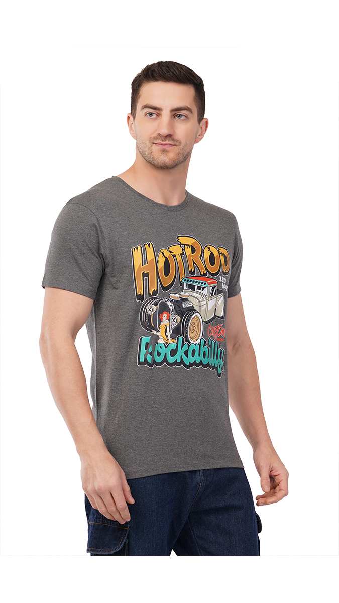 Men's Charcoal Grey Round Neck Slim Fit Printed T-Shirt – Lycra 180 GSM | S, M, L Men's Charcoal Grey Round Neck Slim Fit Printed T-Shirt – Lycra 180 GSM | S, M, L