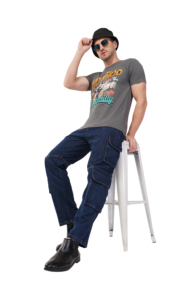 Men's Charcoal Grey Round Neck Slim Fit Printed T-Shirt – Lycra 180 GSM | S, M, L Men's Charcoal Grey Round Neck Slim Fit Printed T-Shirt – Lycra 180 GSM | S, M, L