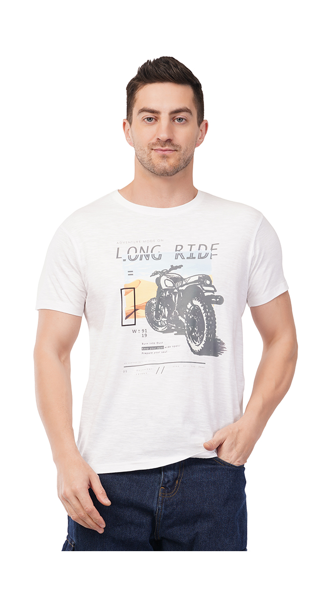 Men's White Round Neck Slim Fit Printed T-Shirt – Slub/Vintage 180 GSM | S, M, L Men's White Round Neck Slim Fit Printed T-Shirt – Slub/Vintage 180 GSM | S, M, L