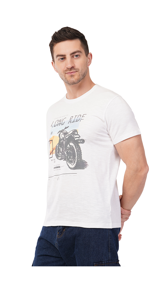 Men's White Round Neck Slim Fit Printed T-Shirt – Slub/Vintage 180 GSM | S, M, L Men's White Round Neck Slim Fit Printed T-Shirt – Slub/Vintage 180 GSM | S, M, L