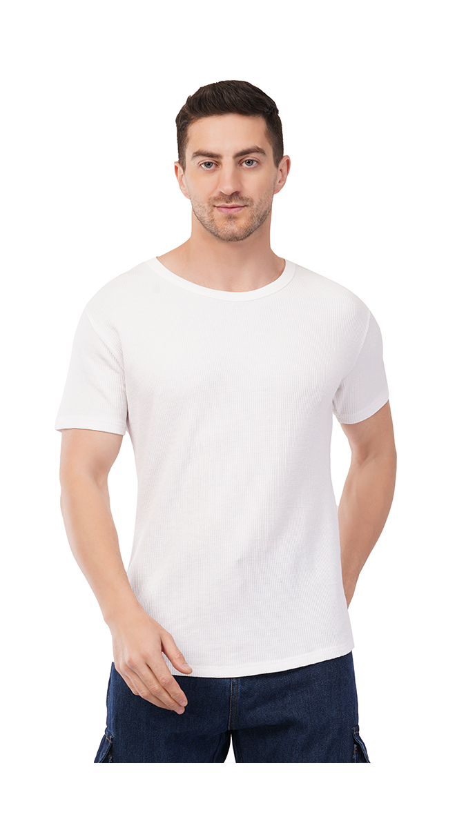 Men's White Round Neck Waffle T-Shirt – 180 GSM | Soft & Stylish | S, M, L Men's White Round Neck Waffle T-Shirt – 180 GSM | Soft & Stylish | S, M, L