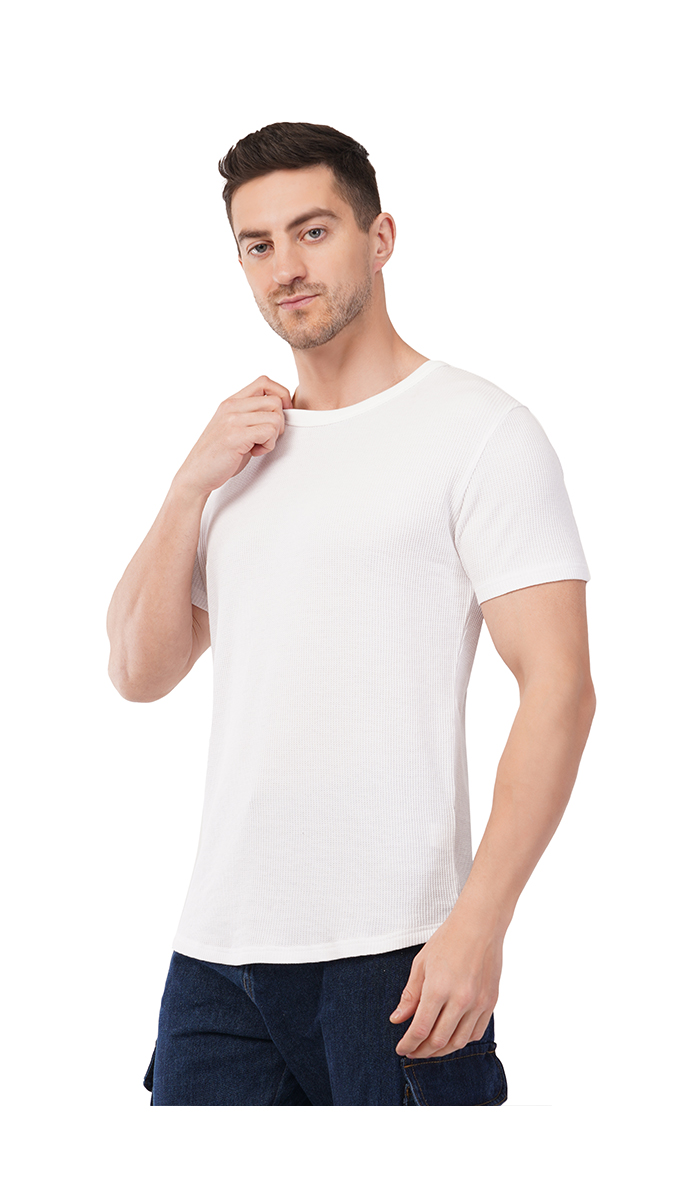 Men's White Round Neck Waffle T-Shirt – 180 GSM | Soft & Stylish | S, M, L Men's White Round Neck Waffle T-Shirt – 180 GSM | Soft & Stylish | S, M, L