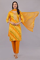 Traditional Bandhani Print Salwar Suit Set, Yellow Orange, Embroidered, 3/4 Sleeve with Dupatta
