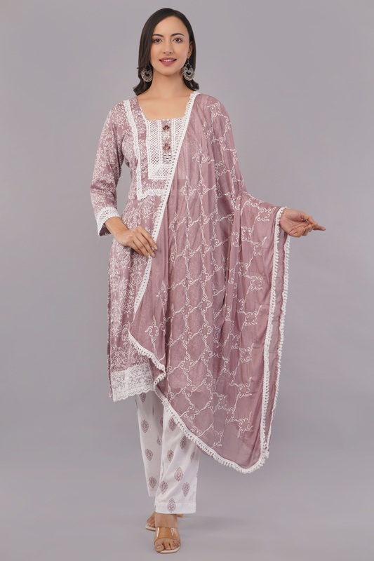 Traditional Embroidered and printed Salwar Suit Set, Mauve Pink with White Lace, Cotton
