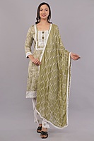 Traditional Salwar Suit Set, Olive Green with White Embroidery, Long Sleeves, Cotton pants
