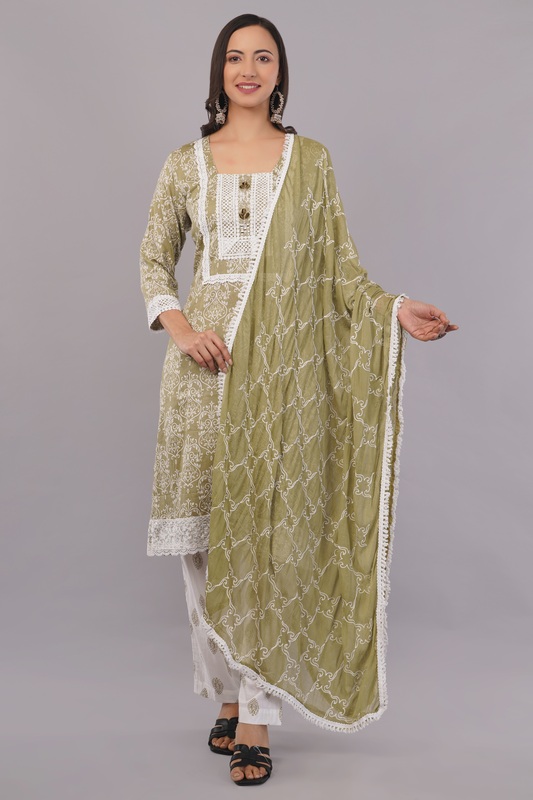 Traditional Salwar Suit Set, Olive Green with White Embroidery, Long Sleeves, Cotton pants
