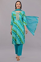 Traditional Bandhani Print Salwar Suit, Turquoise and Green, Embellished Neck, 3-Piece Set with Dupatta