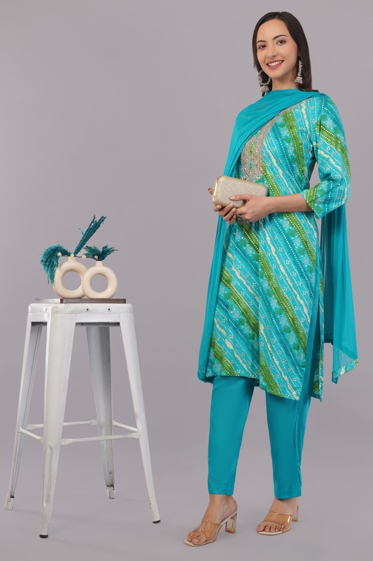 Traditional Bandhani Print Salwar Suit, Turquoise and Green, Embellished Neck, 3-Piece Set with Dupatta