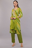 Bandhani Print Cotton Salwar Suit Set, Green and Yellow, Traditional Embroidered Kurta with Pants and Dupatta
