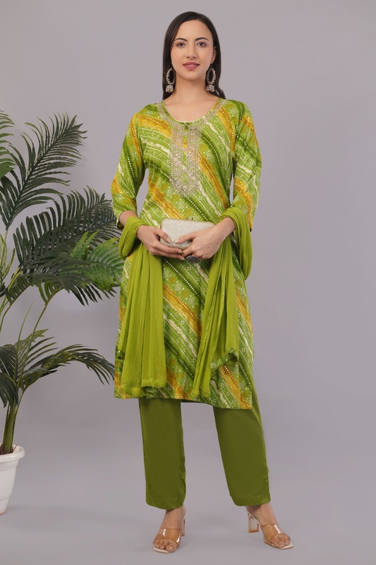 Bandhani Print Cotton Salwar Suit Set, Green and Yellow, Traditional Embroidered Kurta with Pants and Dupatta