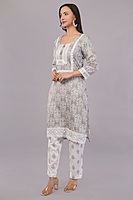 Traditional Embroidered Cotton Salwar Suit Set with Lace Detail, Grey and White, 3-Piece