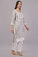 Traditional Embroidered Cotton Salwar Suit Set with Lace Detail, Grey and White, 3-Piece