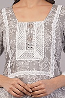 Traditional Embroidered Cotton Salwar Suit Set with Lace Detail, Grey and White, 3-Piece