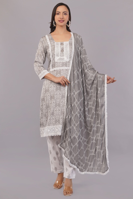 Traditional Embroidered Cotton Salwar Suit Set with Lace Detail, Grey and White, 3-Piece