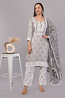 Traditional Embroidered Cotton Salwar Suit Set with Lace Detail, Grey and White, 3-Piece