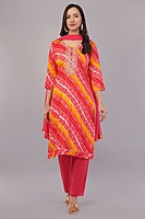Women's Bandhani Print Salwar Suit Set, Red and Yellow, 3/4 Sleeve Kurta with Pants and Dupatta