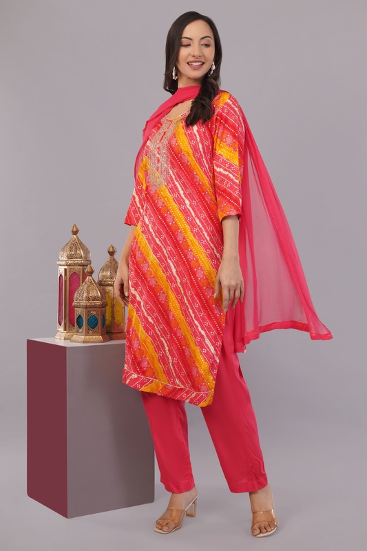 Women's Bandhani Print Salwar Suit Set, Red and Yellow, 3/4 Sleeve Kurta with Pants and Dupatta