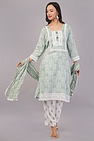 Women's Traditional Salwar Kameez Set, Mint Green Floral Print with White Lace, 3 Piece Suit with Dupatta
