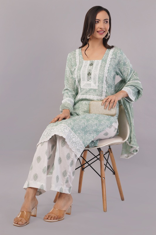 Women's Traditional Salwar Kameez Set, Mint Green Floral Print with White Lace, 3 Piece Suit with Dupatta