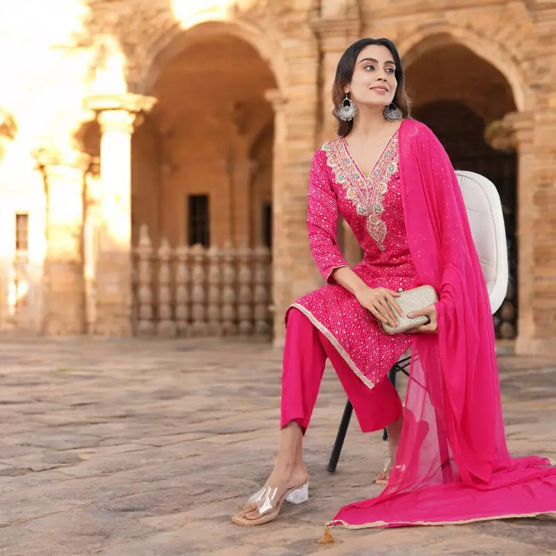 Beautiful Bandhani Suit, Pink Embellished Kurta Set with Dupatta