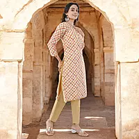 Organza Salwar Suit Set, Beige and Orange Checkered Pattern
