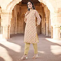 Organza Salwar Suit Set, Beige and Orange Checkered Pattern
