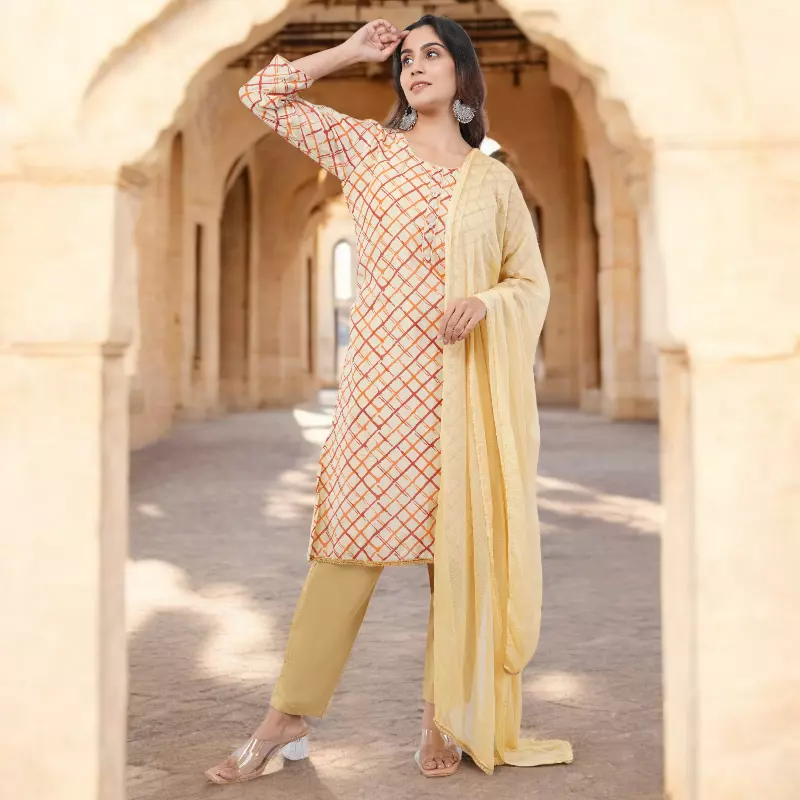 Organza Salwar Suit Set, Beige and Orange Checkered Pattern