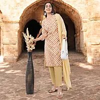 Organza Salwar Suit Set, Beige and Orange Checkered Pattern