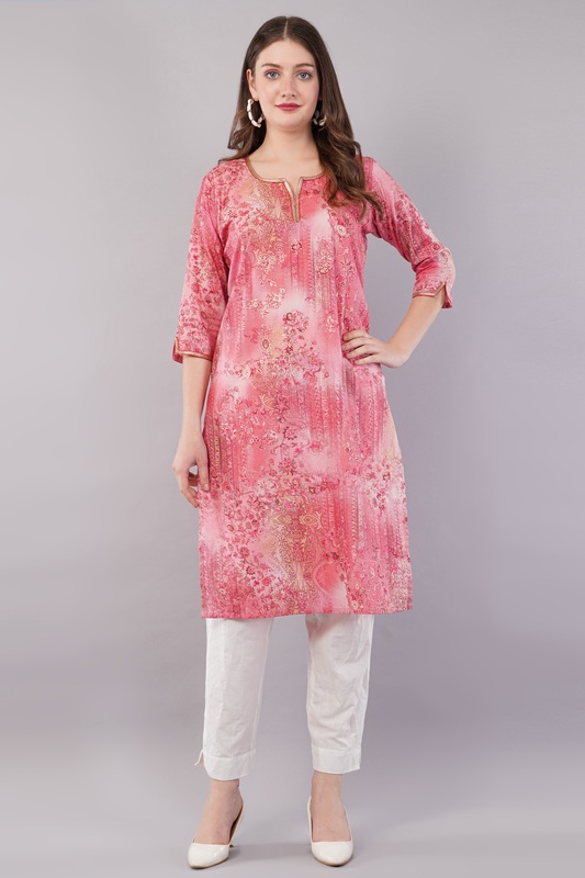 Floral Print Pink Kurta, 3/4 Sleeves, Knee Length