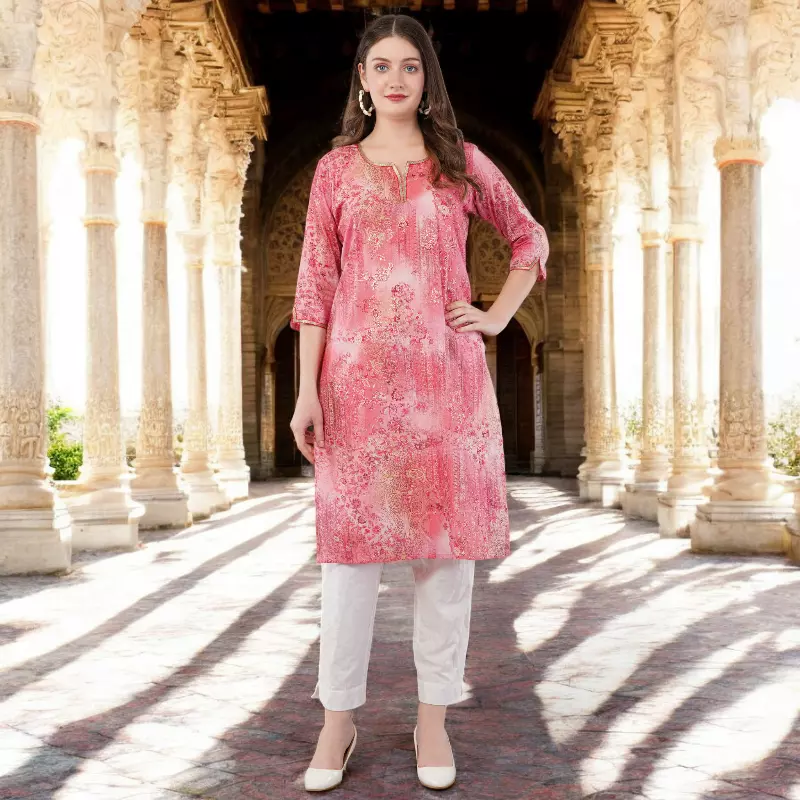 Floral Print Pink Kurta, 3/4 Sleeves, Knee Length