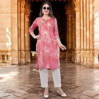 Floral Print Pink Kurta, 3/4 Sleeves, Knee Length