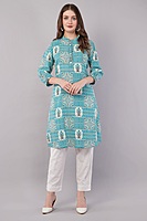 Printed Cotton Kurta for Women, Turquoise Blue
