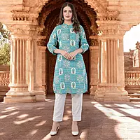 Printed Cotton Kurta for Women, Turquoise Blue