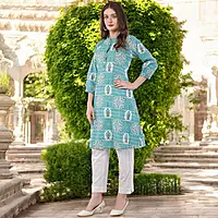 Printed Cotton Kurta for Women, Turquoise Blue